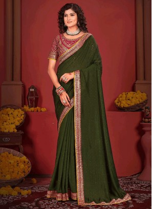 Vichitra Silk Classic Saree in Green