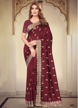 Vichitra Silk Contemporary Saree in Maroon