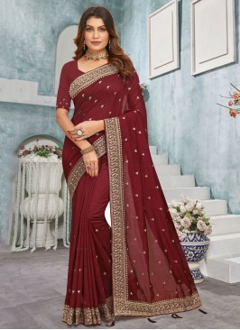 Vichitra Silk Maroon Embroidered Contemporary Saree