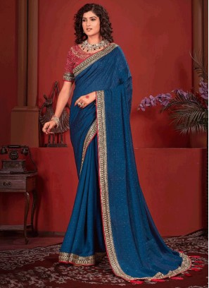 Vichitra Silk Navy Blue Stone Trendy Saree