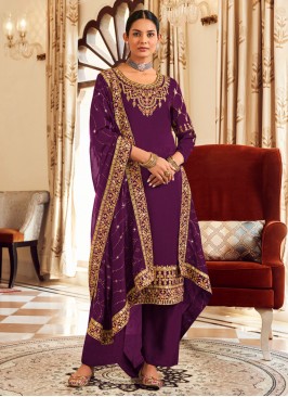 Vichitra Silk Thread Work Purple Trendy Salwar Sui