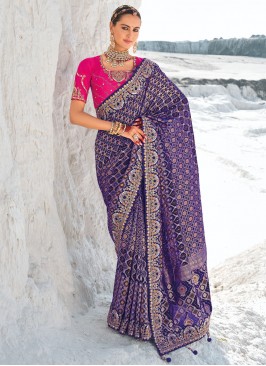 Violet Embroidered Georgette Contemporary Saree