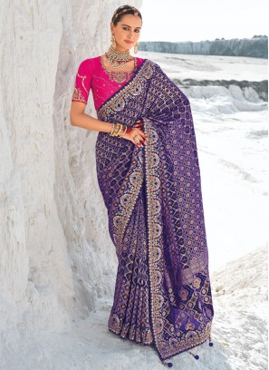 Violet Embroidered Georgette Contemporary Saree