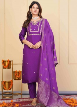 Viscose Embroidered Readymade Salwar Kameez in Purple