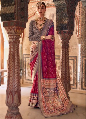 Viscose Fancy Rani and Red Contemporary Saree