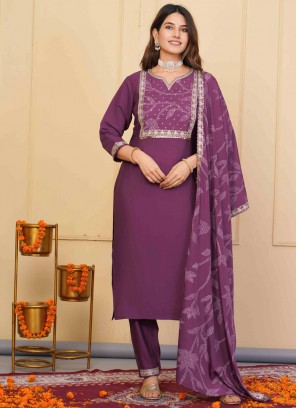 Vivacious Purple Zari Viscose Trendy Salwar Kameez