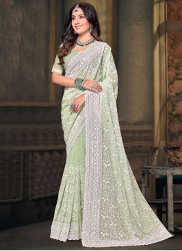 Vivid Embroidered Sea Green Georgette Trendy Saree