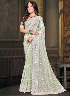 Vivid Embroidered Sea Green Georgette Trendy Saree