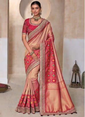 Voguish Khatli Work Peach Kanjivaram Silk Designer Saree