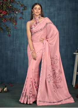 Voluptuous Digital Print Satin Pink Trendy Saree