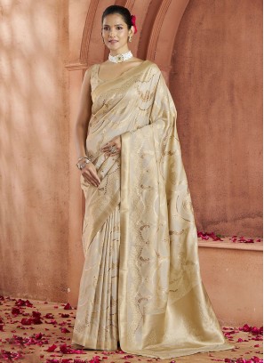 Weaving Banarasi Silk Contemporary Saree in Cream