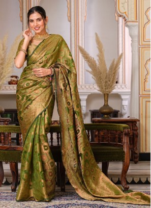 Weaving Organza Contemporary Saree in Green