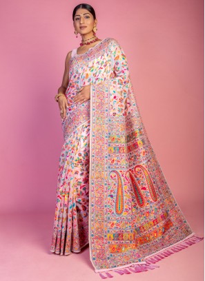 Weaving Pashmina Traditional Saree in Pink