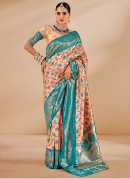 Weaving Tissue Classic Saree in Cream and Firozi