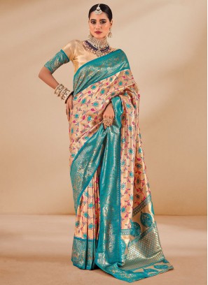 Weaving Tissue Classic Saree in Cream and Firozi