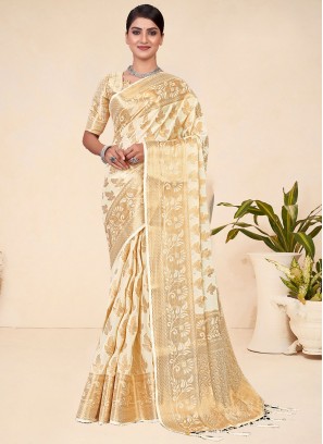 Weaving Viscose Contemporary Saree in Cream