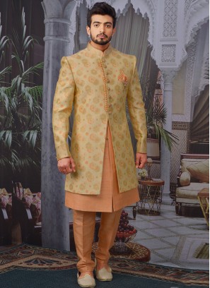 Wedding Function Wear Gold Color Designer Indo Western For Men