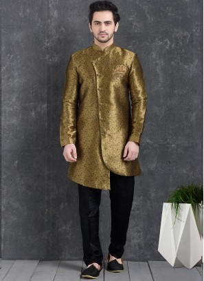 Wedding Function Wear Gold Color Indo Western Kurta Pajama