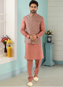 Wedding Function Wear Peach Color Kurta Pajama Wit