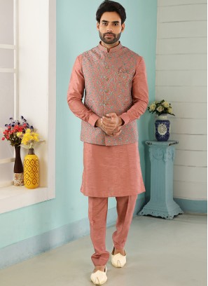 Wedding Function Wear Peach Color Kurta Pajama With Jacket