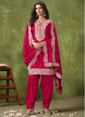 Whimsical Chanderi Pink and Rani Embroidered Pant Style Suit
