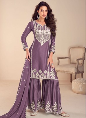 Whimsical Chinon Embroidered Purple Trendy Salwar Kameez