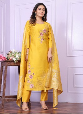 Whimsical Handwork Yellow Silk Trendy Salwar Suit