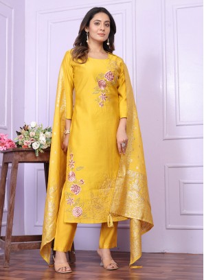 Whimsical Handwork Yellow Silk Trendy Salwar Suit