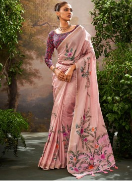 Whimsical Linen Print Pink Classic Saree