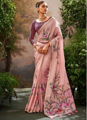 Whimsical Linen Print Pink Classic Saree