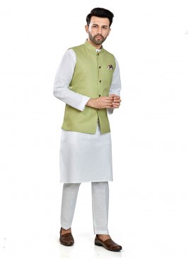 White Color Linen Kurta With Green Jacket
