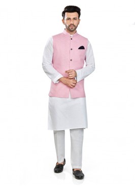 White Color Linen Kurta With Pink Jacket