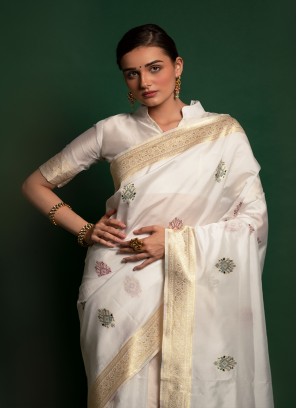 White Colour Heavy Weaving Silk Saree