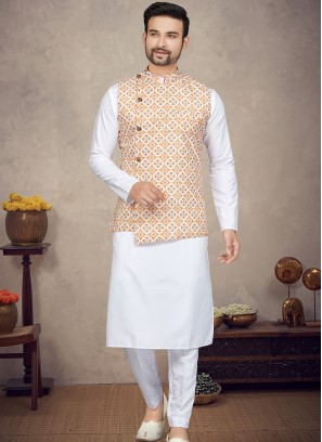 White Cotton Kurta Set with Orange & White Digital Print Jacket