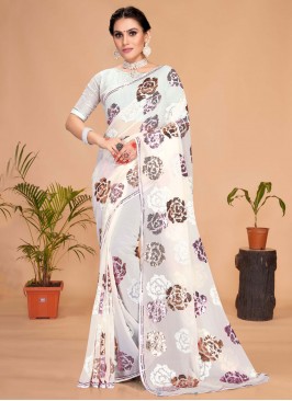 White Georgette Embroidered Contemporary Saree