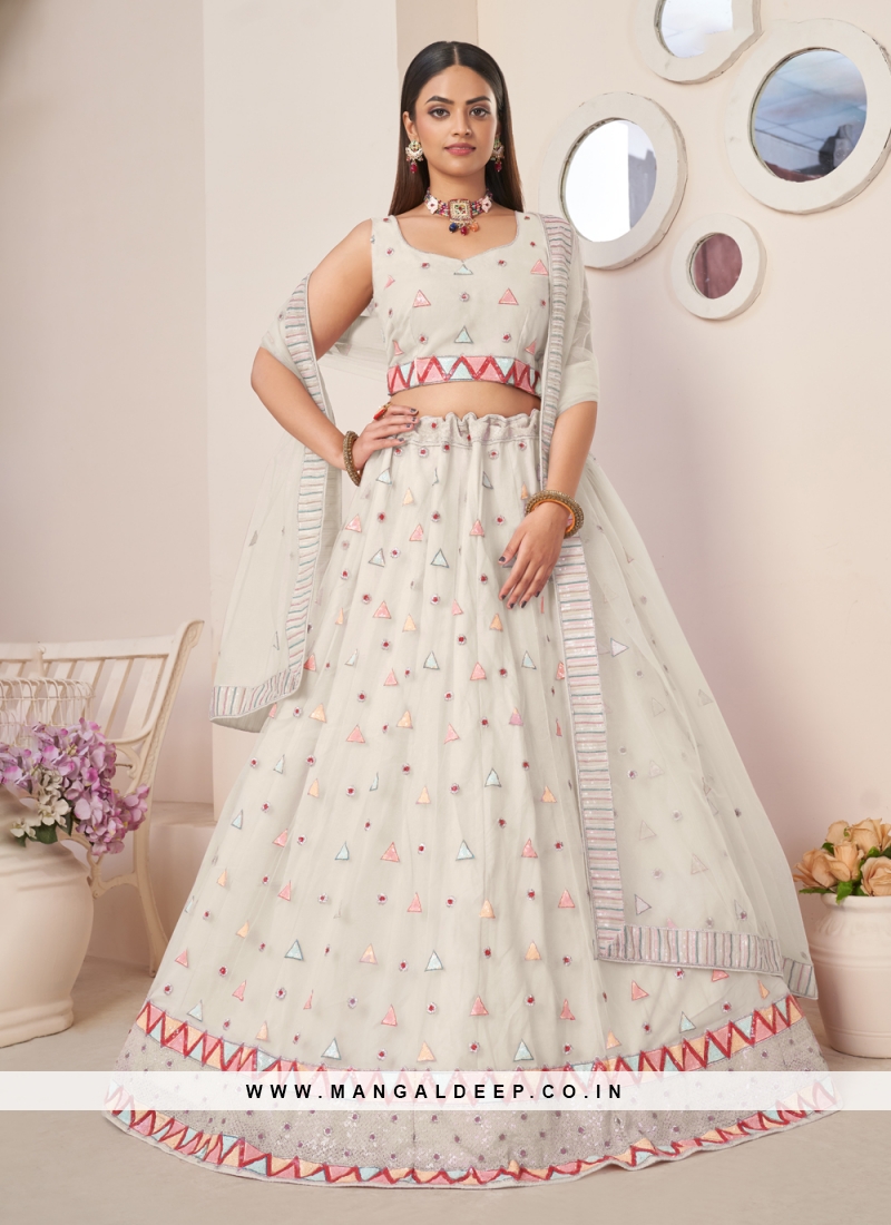 Attractive White Cotton Lehenga Choli For Reception And Party