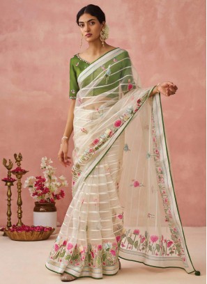 White Print Brasso Contemporary Saree