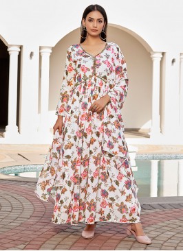 White Printed Ceremonial Readymade Gown