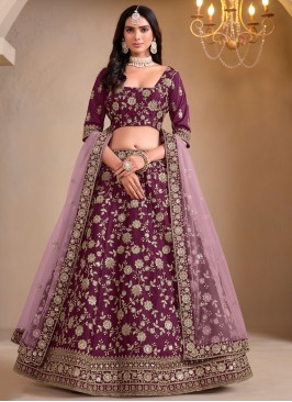 Wine Art Silk Embroidered Lehenga Choli