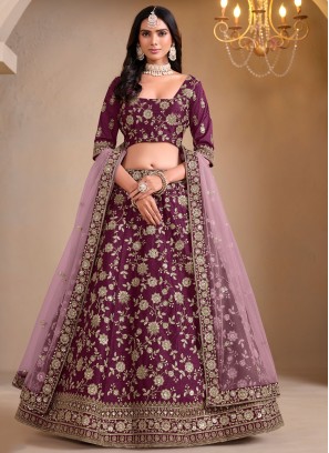 Wine Art Silk Embroidered Lehenga Choli