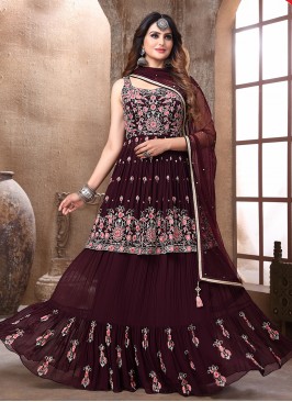 Wine Color Georgette Lehenga With Long Top