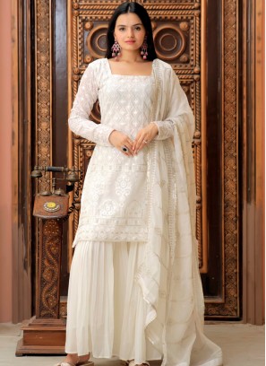 White Elegance: Faux Georgette Salwar Suit Set with Intricate Embroidery