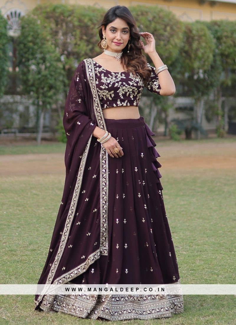 Wine Embroidered Faux Georgette Lehenga Choli