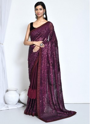 Wine Embroidered Festival Trendy Saree