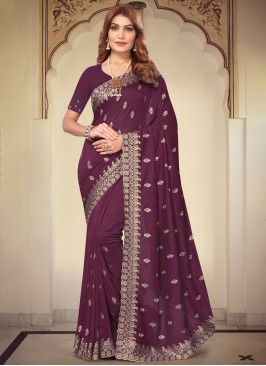 Wine Embroidered Party Classic Saree