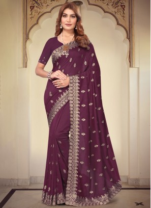 Wine Embroidered Party Classic Saree