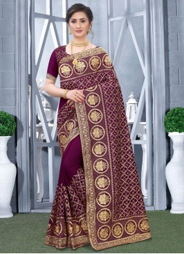 Wine Embroidered Vichitra Silk Contemporary Saree