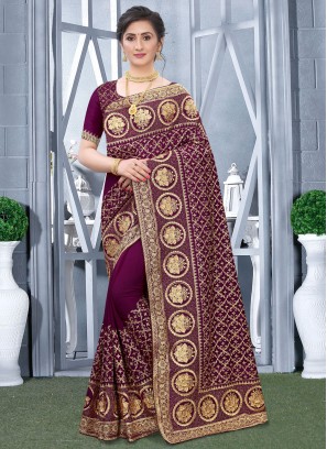 Wine Embroidered Vichitra Silk Contemporary Saree