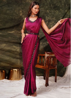 Wine Satin Silk Party Contemporary Saree