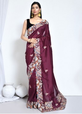 Wine Sequins Crepe Silk Trendy Saree